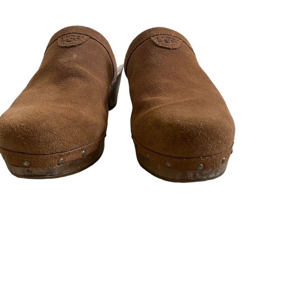 Ugg suede tan leather clogs mules slides wooden chunky heel shearling lining - Picture 8 of 10